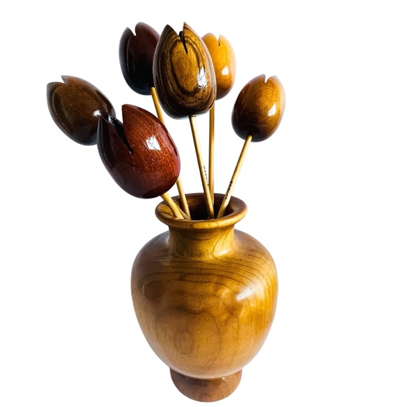 Vintage Myrtle Wood Vase with Six Individual Tulip Wooden Flowers